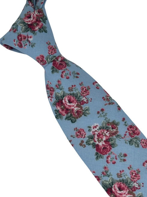 pale baby cornflower  blue tie  with pink rose peony flower design